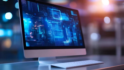 Glowing desktop screen with futuristic data streams.