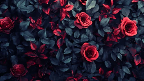 Red Roses with Dark Foliage in Moody Lighting.