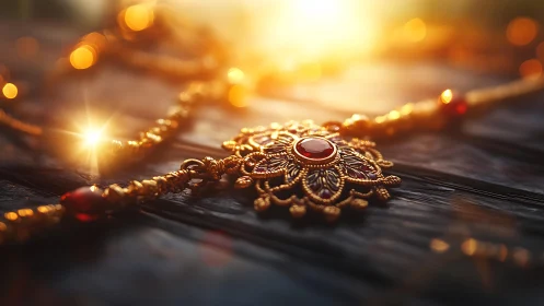 Golden jeweled pendant glows warmly in soft evening light