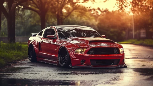 Widebody red muscle car with aggressive stance on wet asphalt