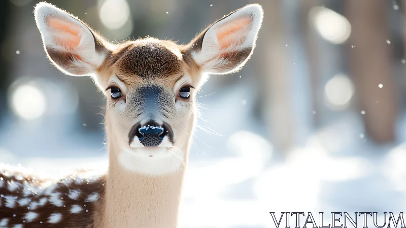 Young deer stands in soft winter light amid falling snow