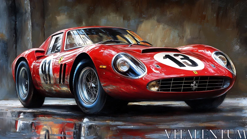 Red vintage GT race car in oil-painted wet paddock scene