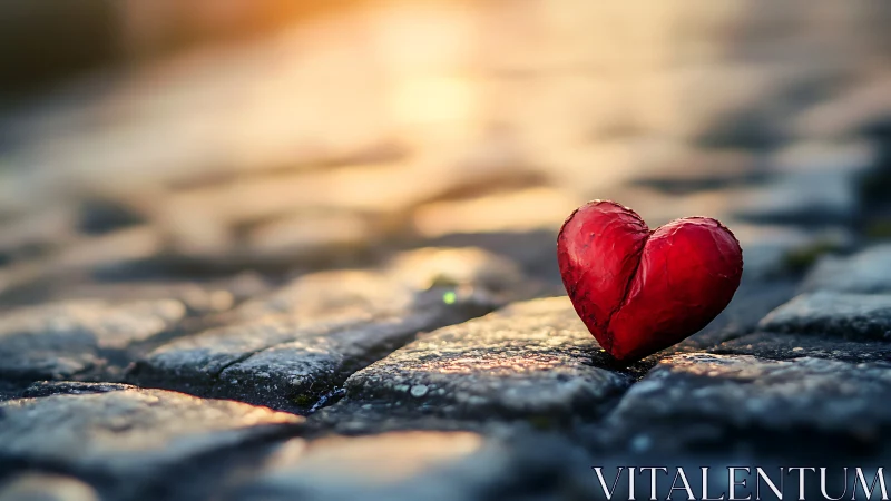 Red heart-shaped object resting on textured stone surface with bokeh