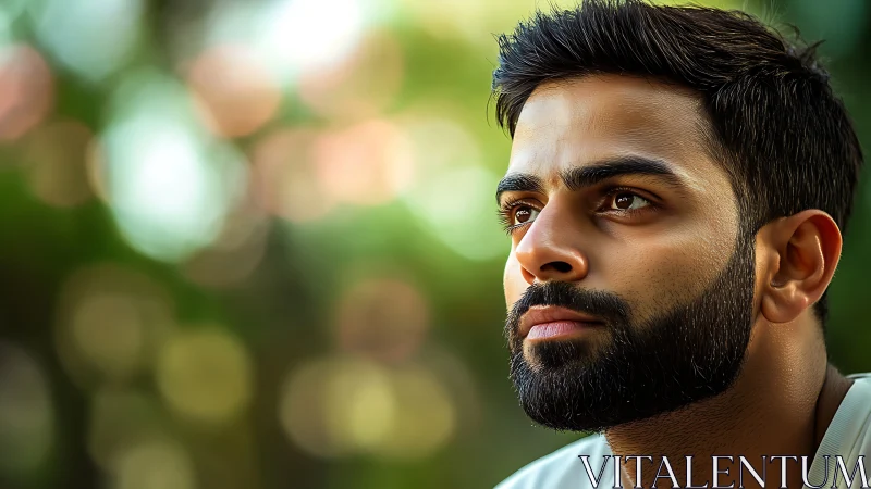 Warm sunlight on a thoughtful bearded face outdoors.