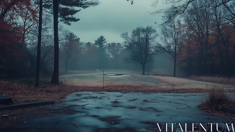 Foggy golf green with wet path and bare autumn trees.
