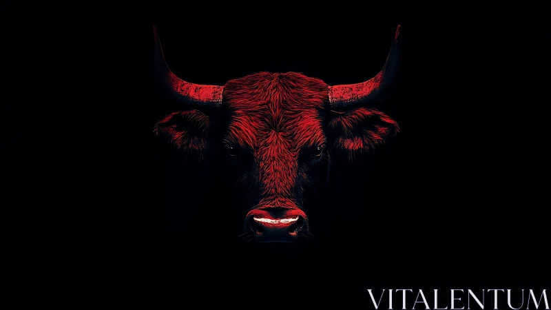 Fiery red bull head glows boldly against deep black night