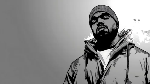 Brooding hooded figure rendered in stark monochrome illustration.