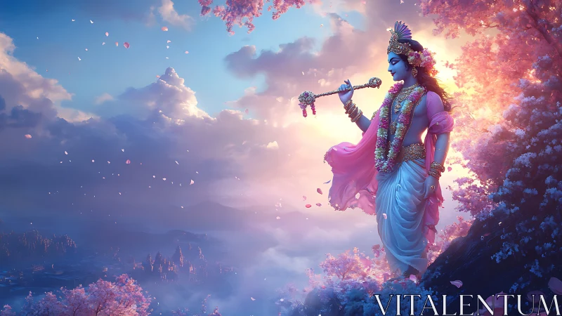 Sky-borne flute dreamer wandering through rose-lit clouds.