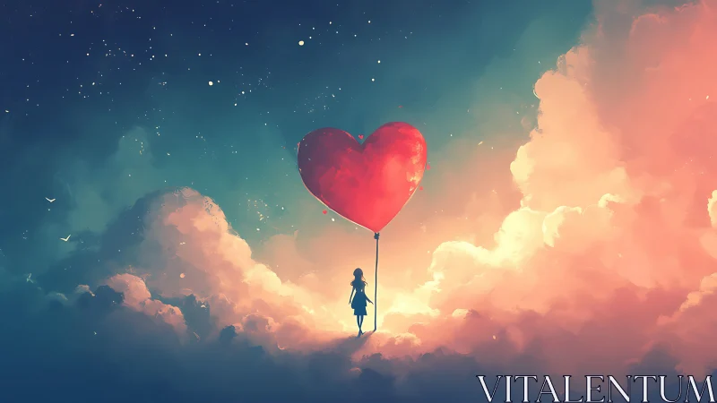 Solitary Soul Ascends With Crimson Heart Balloon Into Ethereal Clouds