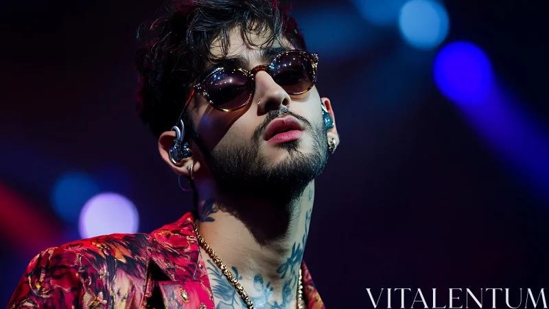 Neon-lit singer soaking in the spotlight onstage tonight.