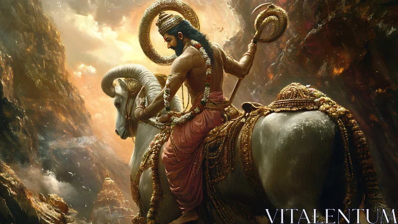 Mythic deity on ram steed in radiant canyon composition.