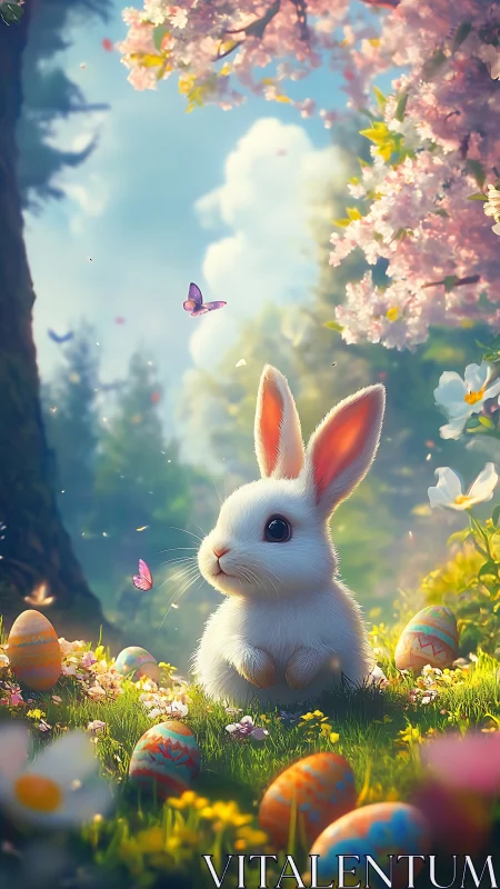 Luminous spring rabbit amid chromatic eggs and blossoms.