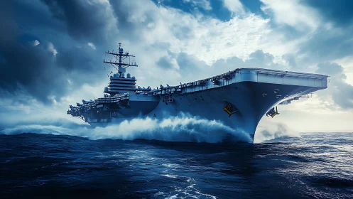 Aircraft carrier cuts through turbulent sea in cinematic light