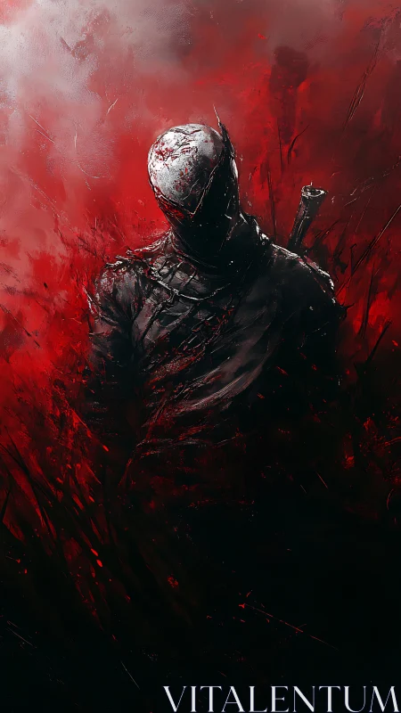 Armored humanoid figure stands in abstract red-black field