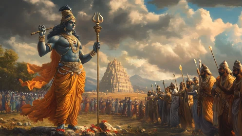 Blue divine warrior leads golden-robed procession at temple