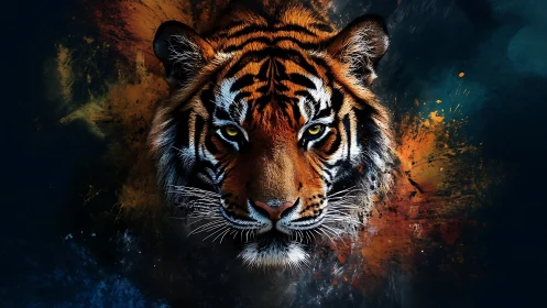 Tiger head is rendered against abstract multicolor background