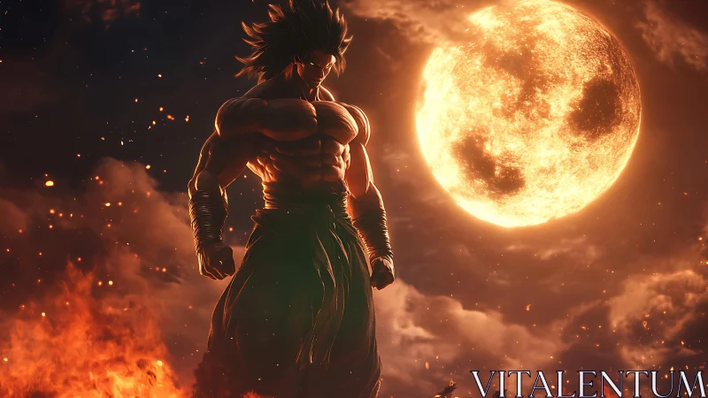 Warrior stands before burning moon in fiery night sky