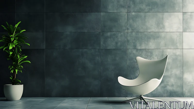 Modern interior space with sculptural white chair and potted plant