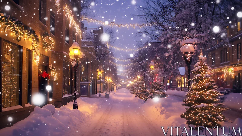 Snowy city street with glowing Christmas lights at dusk.