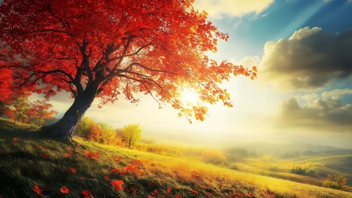 Sunlit autumn tree stands on a grassy hillside at sunrise