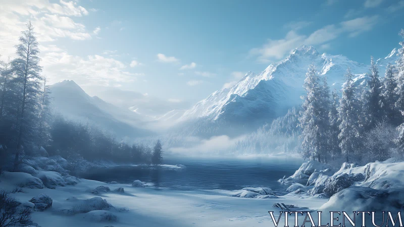 Snow covered mountain lake landscape under clear sky.