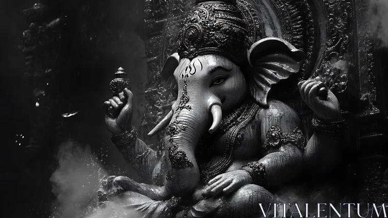 Monochrome Ganesh idol amid swirling smoke and shadow.