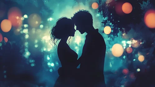 Silhouetted Embrace Under Luminescent Bokeh Veil.