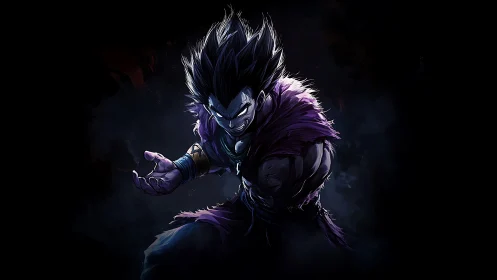 Dark-clad spiky-haired warrior in low key digital art.