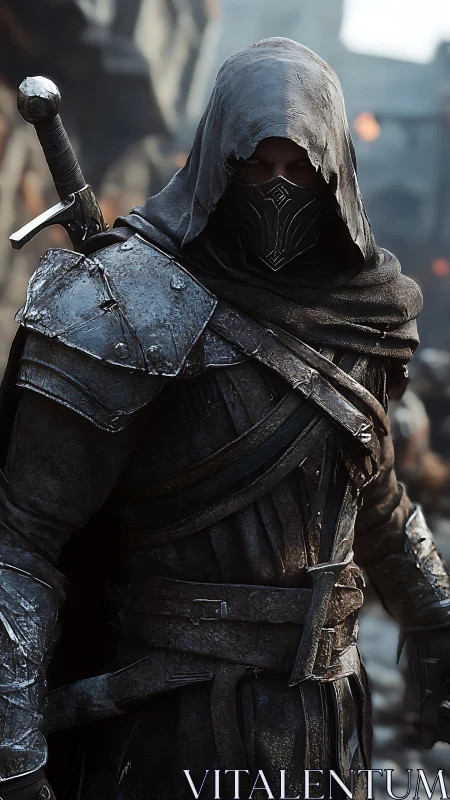 Shadowed rogue strides through a worn medieval stone street