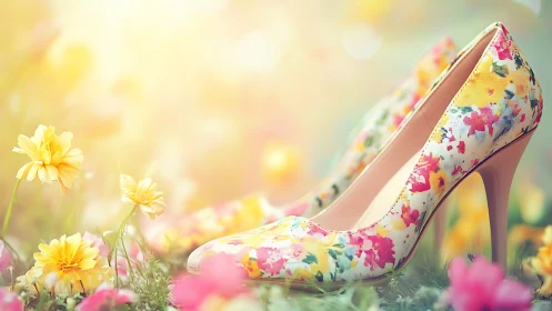 Floral heels bask in dreamy meadowlight and pastel bloom.