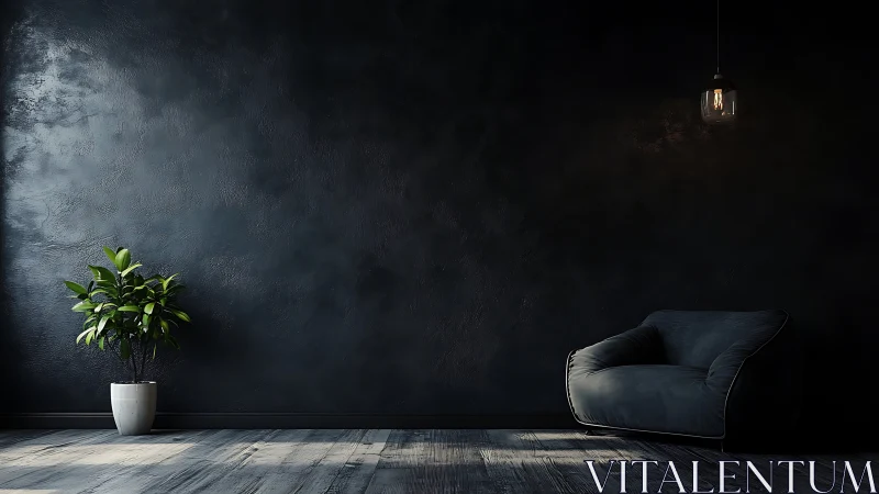 Minimalist lounge with dark textured wall and soft lighting.