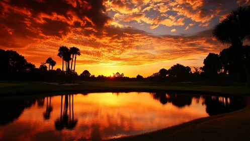 Palm silhouettes across mirrored lake at vivid orange sunset.