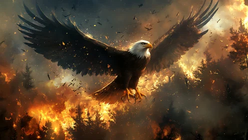 Majestic Bald Eagle Soaring Over Burning Forest in Dramatic Art.