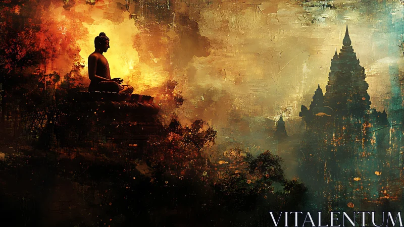 Solitary Buddha meditates amid fiery sky and distant temple.