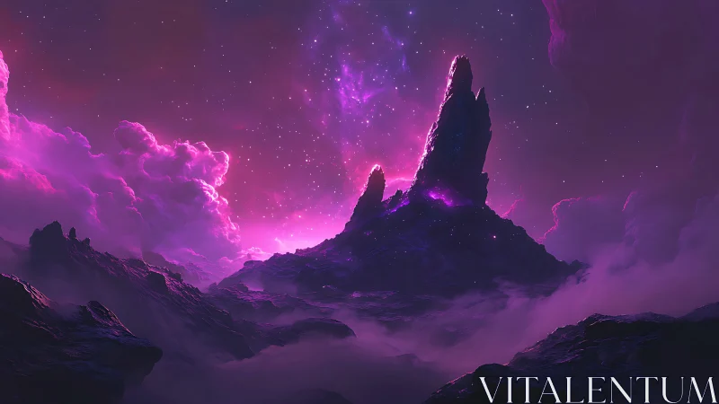 Spectral nebula-lit monoliths on misted alien ridgescape.