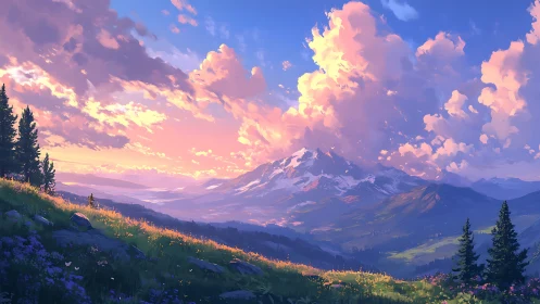 Sunlit summit dreaming under sherbet-cloud mountain skies.