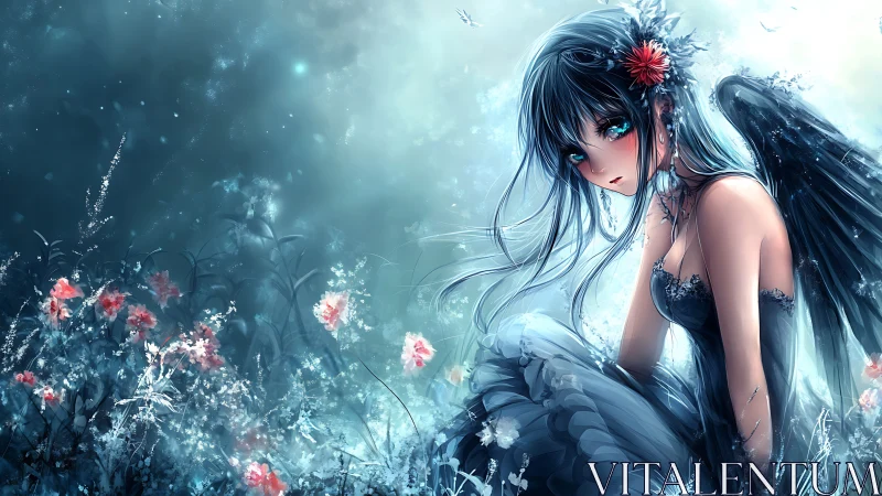 Dark winged anime girl in icy flower field at dawn.
