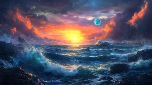 Stormy digital seascape shows sunset with distant moon
