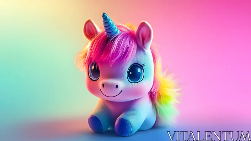 Rainbow plush unicorn in dreamy pastel glow.