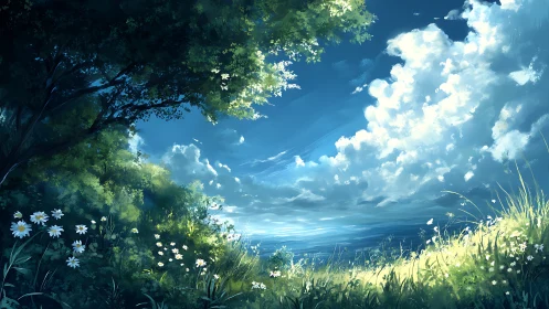 Sunlit meadow portal beneath cloud-swept blue heavens.