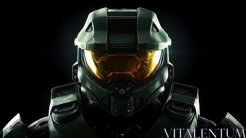 Armored sci fi soldier helmet close up on black background.