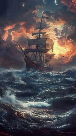 Storm-tossed twilight galleon carves firelit waves toward moons