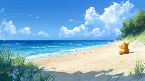 Teddy bear sits on a sandy shoreline facing the open sea
