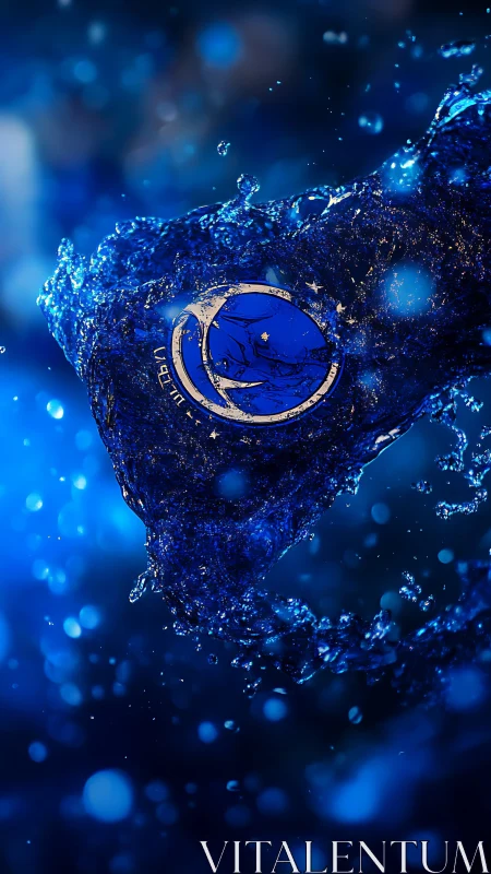 Shimmering blue water splash cradles a glowing lunar emblem