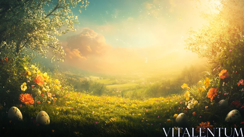 Sunrise meadow dreamscape cradling secret painted eggs.