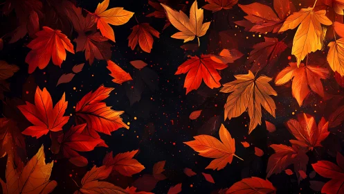 Autumn maple leaves drift across a dark glowing night sky.