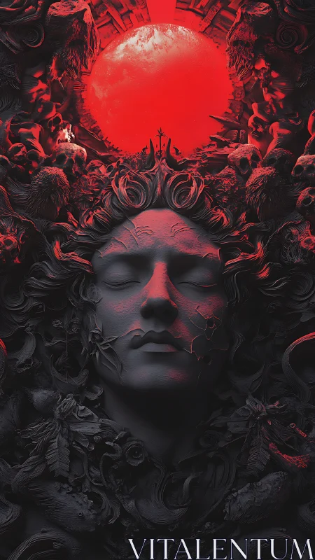 Crimson solar corona over necrotic baroque stone visage.