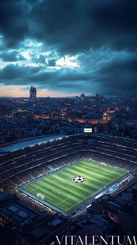 Stormlit city stadium humming under electric twilight sky.