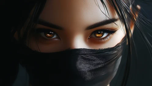 Masked woman close-up with focused golden brown eyes.