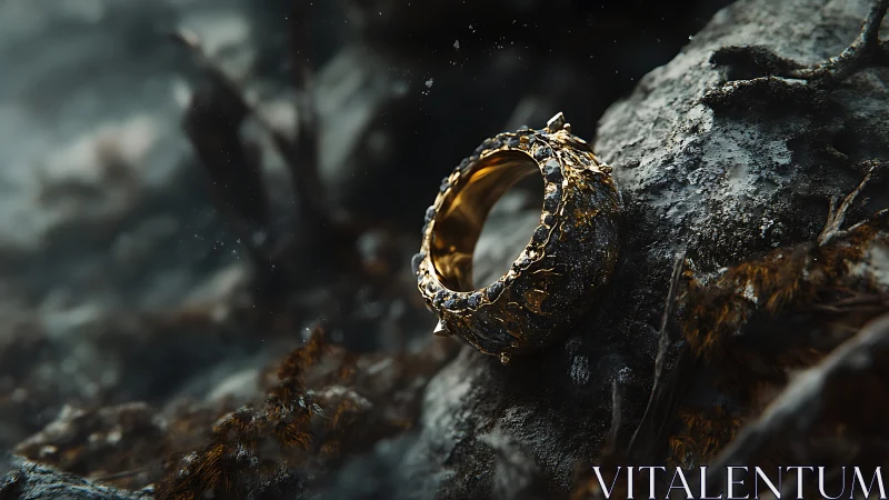 Ancient golden ring rests on weathered stone in misty gloom.